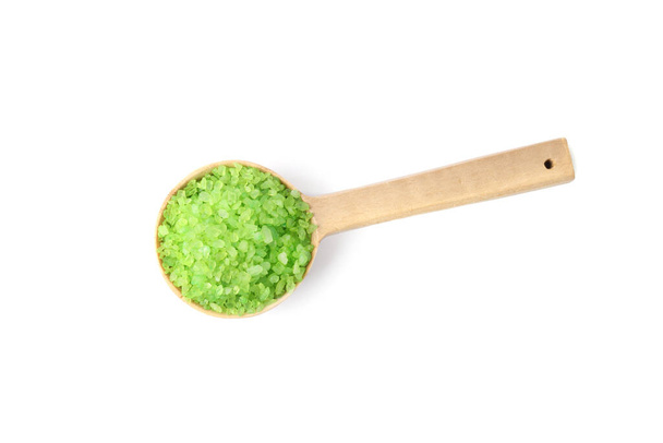 Wooden spoon with green sea salt on white background, top view - Zdjęcie, obraz