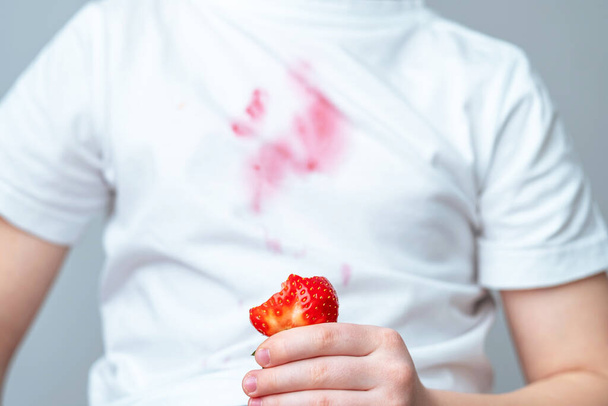 Μια βρώμικη κόκκινη κηλίδα στο μπροστινό μέρος ενός λευκού t-shirt. Το χέρι ενός παιδιού κρατάει μια φέτα φράουλα. έννοια κηλίδα καθημερινή ζωή. Υψηλής ποιότητας φωτογραφία - Φωτογραφία, εικόνα
