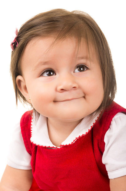 portrait of adorable brunette baby girl wearing red dress - Photo, Image