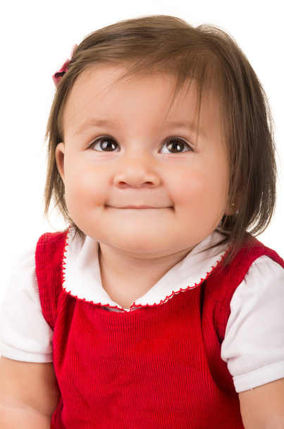 retrato de adorável morena bebê menina vestindo vestido vermelho
 - Foto, Imagem