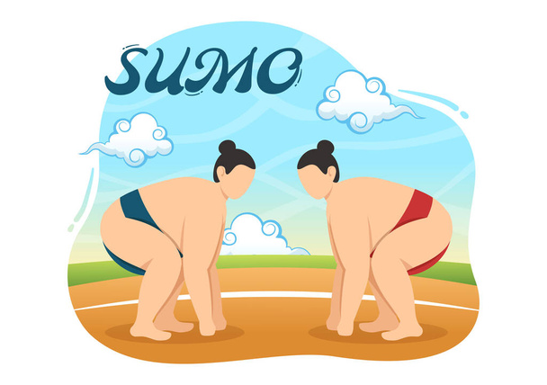 Εικονογράφηση Sumo Wrestler με Καταπολέμηση της Ιαπωνικής Παραδοσιακής Πολεμικής Τέχνης και Αθλητισμού Δραστηριότητα σε Επίπεδη Cartoon Hand Drawn Landing Page Πρότυπα - Διάνυσμα, εικόνα