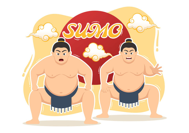 Sumo Birkózó Illusztráció a harc japán hagyományos harcművészet és sport tevékenység lapos rajzfilm kézzel húzott oldal sablonok - Vektor, kép