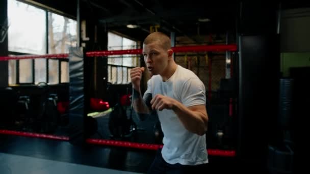Αρσενικό πυγμάχος προπόνηση ταιριάζει άνθρωπος κάνει πυγμαχία γυμναστήριο νεαρός άνδρας κάνει προθέρμανση τεντώνοντας τους μυς - Πλάνα, βίντεο