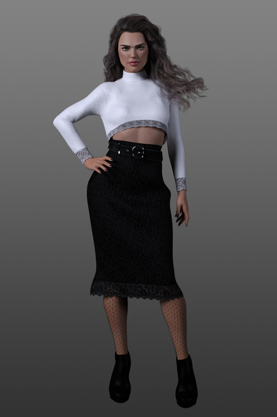 retrato completo de mulher jovem sexy com cabelos longos morena em saia preta elegante em um fundo escuro - Foto, Imagem