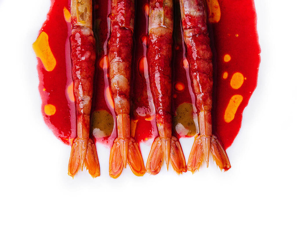 Grilled tiger prawns on a ceramic plate, top view - Photo, Image