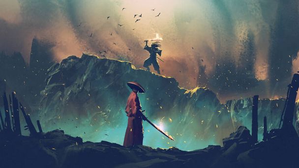 崖の上の決闘で2人の武士のシーン、デジタルアートスタイル、イラスト絵画 - 写真・画像