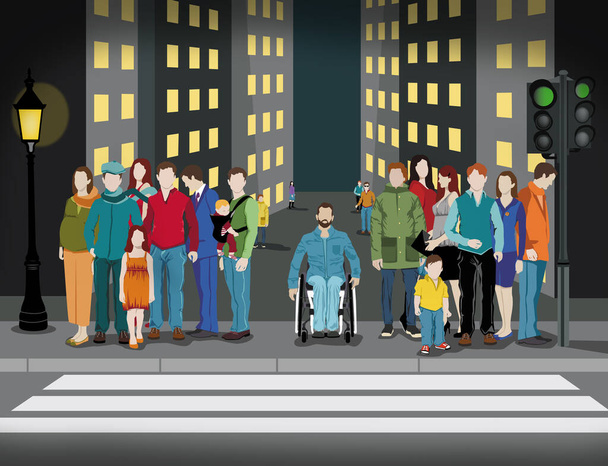 mensen die op straat lopen, met een man in een rolstoel, alleen. Inclusie concept. Illustratie. Grote stad  - Foto, afbeelding