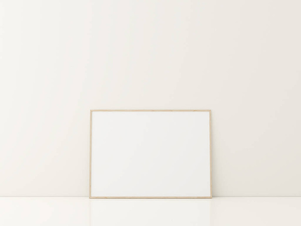 Рамка с макетом плаката, стоящего на белом полу. минималистский макет кадра. 3d-рендеринг - Фото, изображение