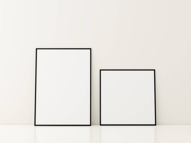 Frame with poster mockup standing on the white floor. minimalist frame mockup. 3d rendering - Foto, imagen