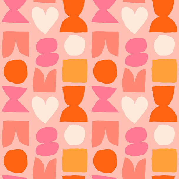 Cute and simple pattern with cut out abstract shapes. Colourful seamless texture with heart, circle, square and abstract figures. Hand drawn modern background in vivid colours - Vektor, Bild
