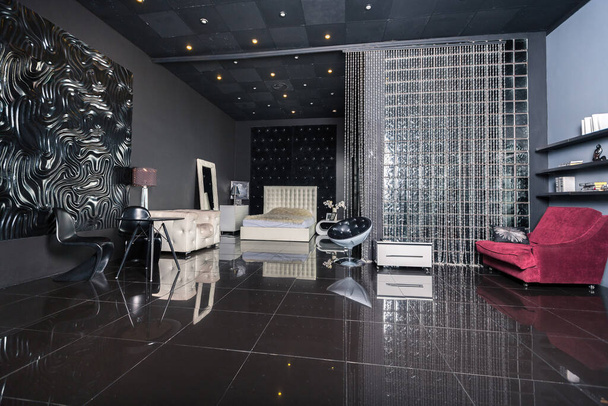Modern dark luxury black interior with white chic furniture - Fotó, kép