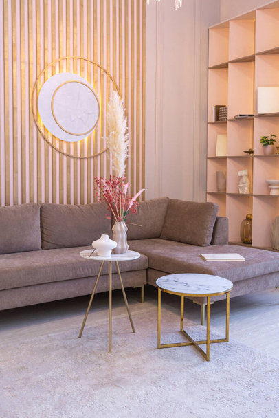 lujoso interior moderno de la sala de estar de un apartamento luminoso espacioso y caro. muebles tapizados e iluminación decorativa, colores pastel suaves y ambiente acogedor - Foto, Imagen