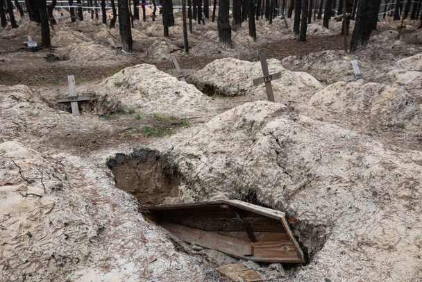 Ukrayna 'nın Kharkiv bölgesindeki Ukrayna güçleri tarafından kurtarılan Izium kasabasındaki mezardan çıkarılan haçlar, bir orman mezarlığında görüldü.. - Fotoğraf, Görsel