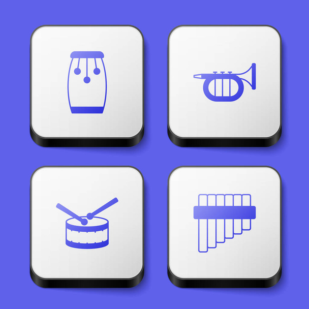 Set batteria Conga, Tromba, Tamburo con bastoni e icona del flauto Pan. Pulsante quadrato bianco. Vettore - Vettoriali, immagini