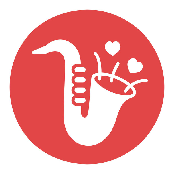 Saxophone mignon et coeur soufflant icône de glyphe isolé. Illustration vectorielle, éléments romantiques. Sticker, patch, badge, carte de mariage, valentine - Vecteur, image