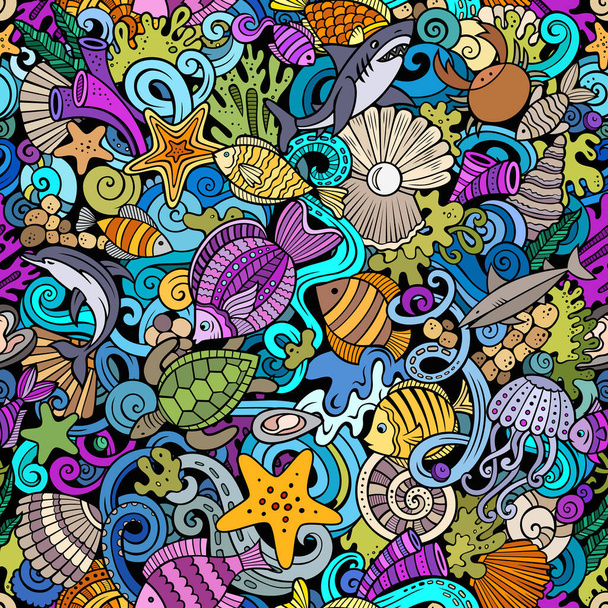 Desenhos animados doodles Sea Life padrão sem costura. Fundo com símbolos e itens subaquáticos. Fundo detalhado colorido para impressão em tecido, têxtil, caixas de telefone, papel de embrulho. Todos os objetos separados. - Vetor, Imagem