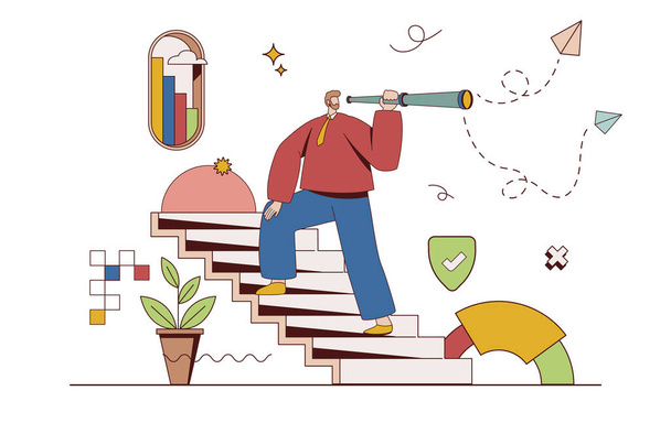 Career opportunity concept with character situation in flat design. Man with spyglass climbs career ladder and looks for better solutions and progress. Illustration with people scene for web - Photo, Image