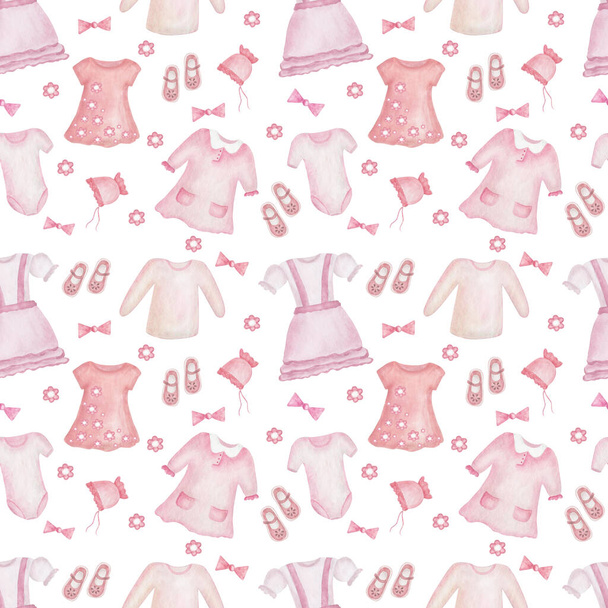 Watercolor seamless pattern. Hand painted illustration of children clothes: dress, t-shirt, shoes, bodysuit, bonnet. Girl clothes. Baby shower. Print on pink background for fabric textile, packaging - Photo, image