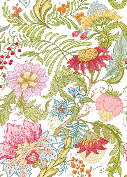 Fantasy flowers in retro, vintage, jacobean embroidery style. Seamless pattern, background. Vector illustration. - Vector, afbeelding
