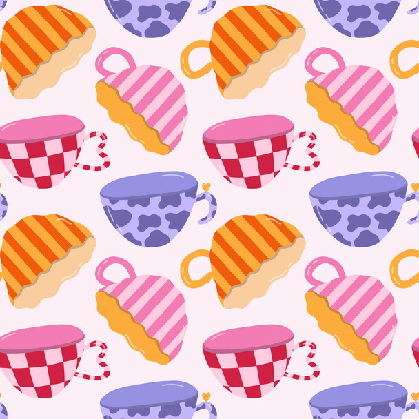 Cute and colorful vector seamless pattern with handmade ceramic mugs with colorful patterns. Can be used for wrapping paper, bedclothes, notebook, packages, gift paper. Hand drawn clipart. - Wektor, obraz
