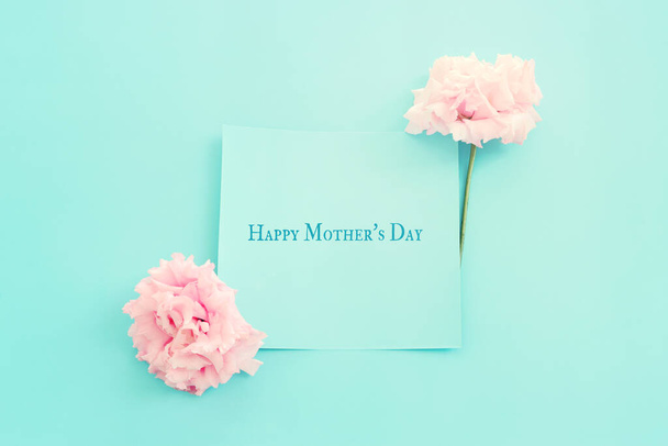 mother's day concept with pink flower over pastel blue background - 写真・画像