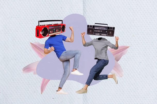 Creative composite collage photo of weird strange headless people boombox instead of head dancing at party isolated colorful background. - Fotó, kép