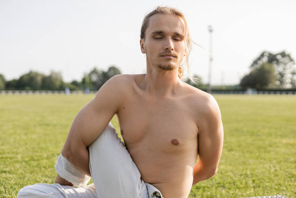 спокойный и без рубашки мужчина с закрытыми глазами практикующий йогу в мудрой позе на открытом воздухе - Фото, изображение