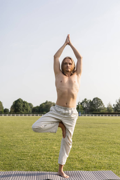 homem de cabelos longos sem camisa em calças de linho meditando em pose de árvore com as mãos de oração levantadas no tapete de ioga ao ar livre - Foto, Imagem