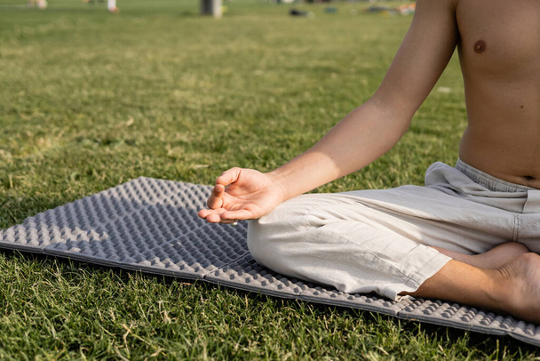 vista cortada do homem sem camisa em calças de linho mostrando gesto mudra gyan enquanto meditava em pose fácil no gramado verde - Foto, Imagem