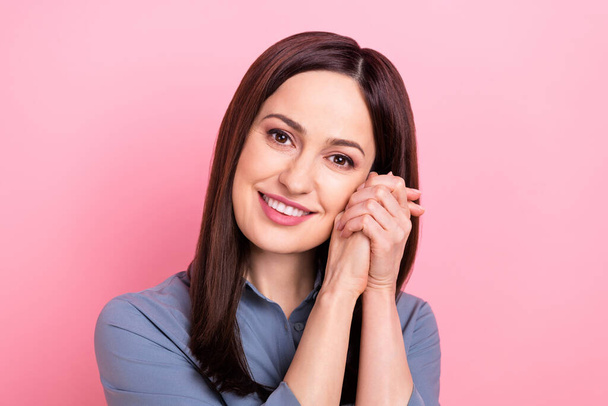 Closeup photo portrait of cute lovely girlish gorgeous lady hands together touch cheeks dreaming satisfied person isolated on pink color background. - Φωτογραφία, εικόνα