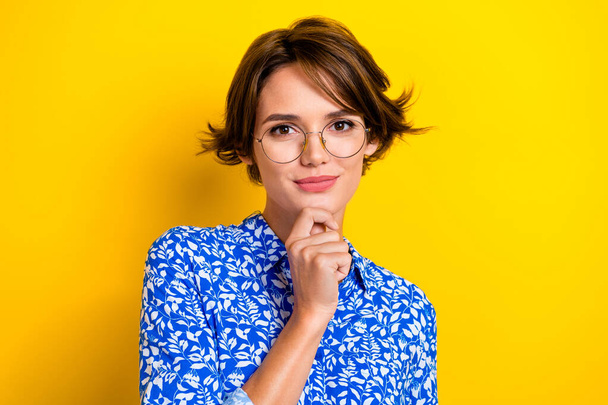Photo of pretty cute lovely lady wear blue trendy clothes arm face decide ask question idea plan isolated on yellow color background. - Fotografie, Obrázek
