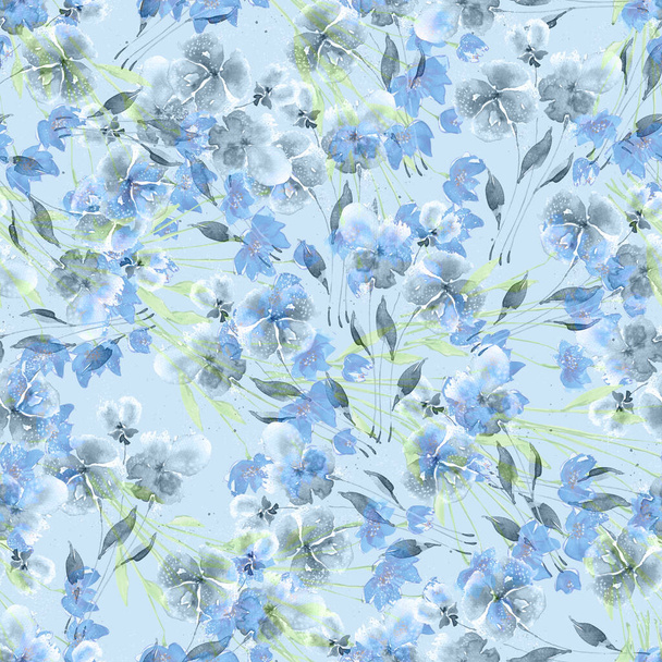 Floral seamless pattern with watercolor flowers and leaves on blue background. - Photo, Image