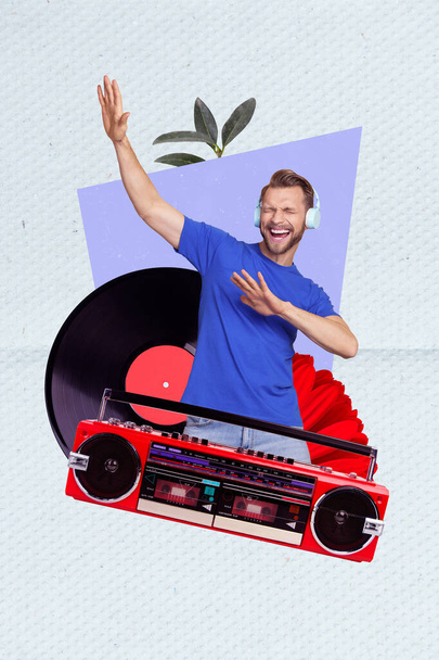 Collage artwork graphics picture of smiling happy guy listening songs having fun isolated painting background. - Foto, afbeelding