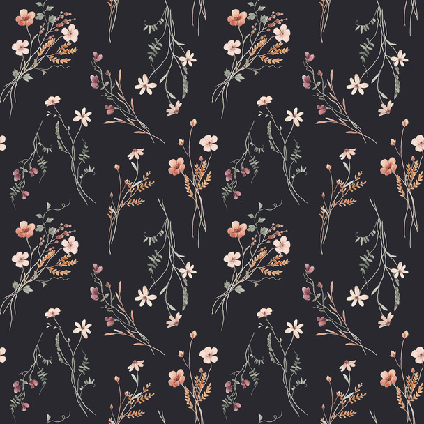 Beautiful floral seamless pattern with watercolor wild herbs and flowers. Stock illustration. - 写真・画像