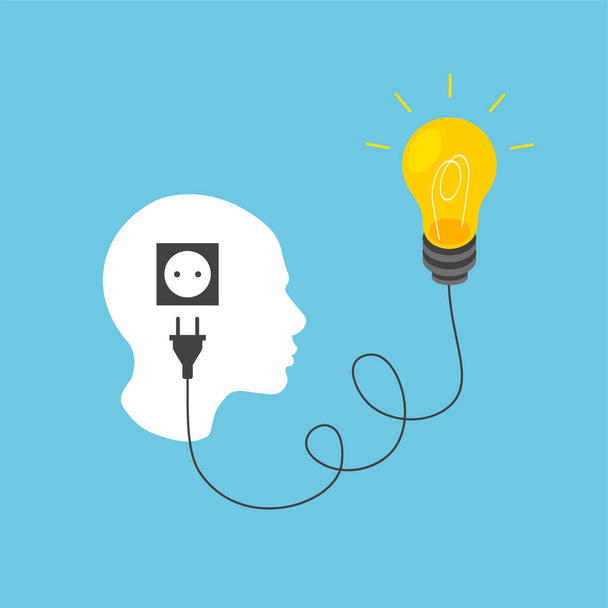 Human silhouette head and bulb is plugged into a socket. Nonstandard thinking, creative idea concept. Vector illustration isolated. - Vector, Image