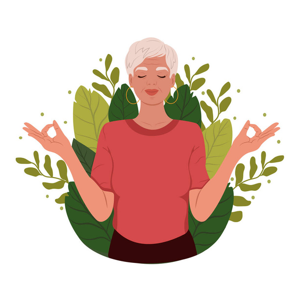 Elderly woman with closed eyes meditating. Meditation practice. The concept of zen and harmony. - Vector, Image