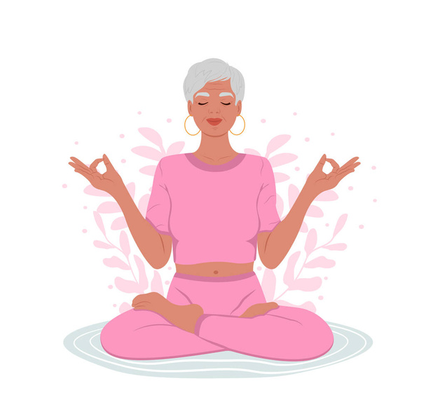 Mujer anciana con los ojos cerrados meditando en postura de loto yoga. Abril es el Mes de la Conciencia del Estrés. - Vector, Imagen