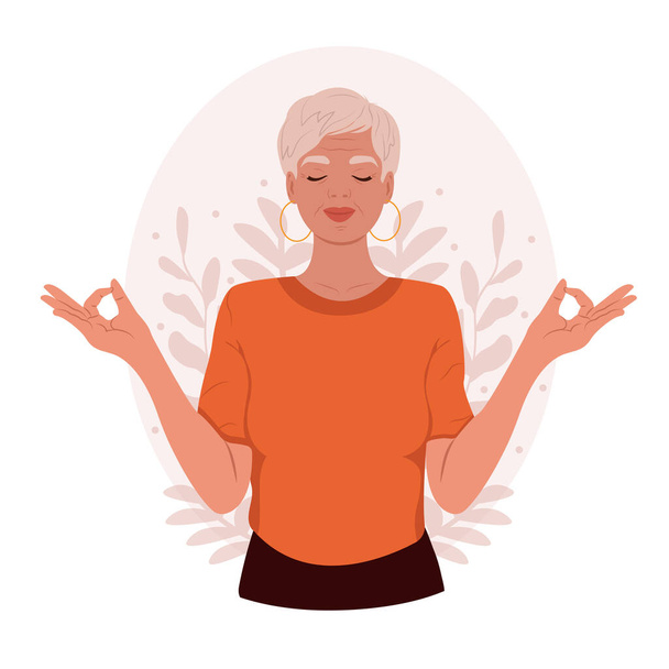 Mujer mayor con los ojos cerrados meditando. Práctica de meditación. El concepto de zen y armonía - Vector, imagen