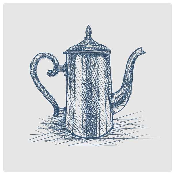 Tea pot vintage sketch obsolete blue style vector illustration. Old hand drawn azure engraving imitation. - Vektor, obrázek