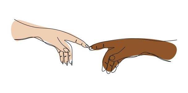 Nepřetržitá jedna čára kreslící dvě ruce se navzájem dotýkají. Koncept usmíření. Koncept něžných vztahů, vzájemné pomoci - Vektor, obrázek