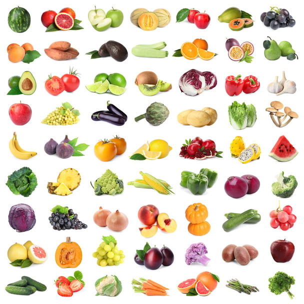 Many fresh fruits and vegetables on white background, collage design - Foto, imagen