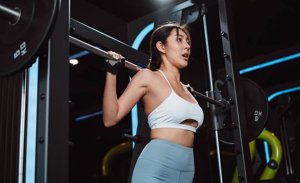 Woman working out Bodybuilder with barbell weights at the gym. bodybuilder doing exercises with barbell. training sport healthy lifestyle bodybuilding, Athlete builder muscles lifestyle. - 写真・画像