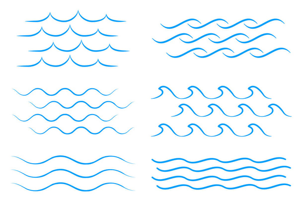 Meereswellen-Symbol gesetzt. Sammlung von dünnen Wellen. Flache Vektorabbildung - Vektor, Bild