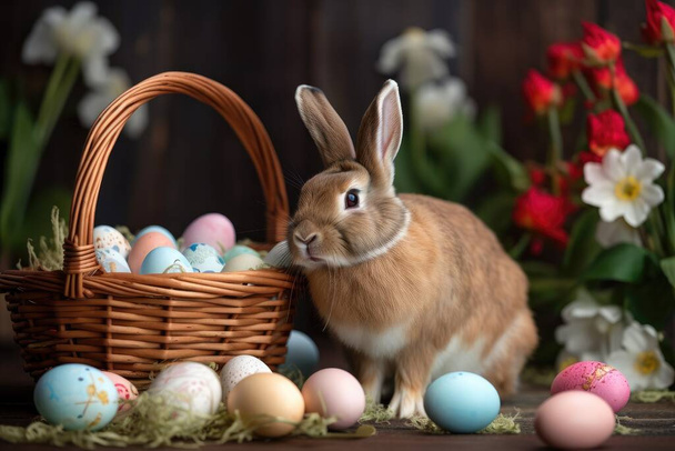 easter bunny and easter eggs in a basket - Photo, Image