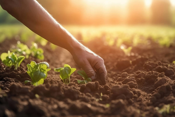 farmer person planting a seedling at a farm, backlight scene during golden hours - Foto, imagen