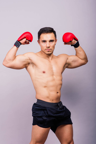 Professionele atleet bokser in rode handschoenen geïsoleerd op studio. Sport, mededingingsconcept. - Foto, afbeelding