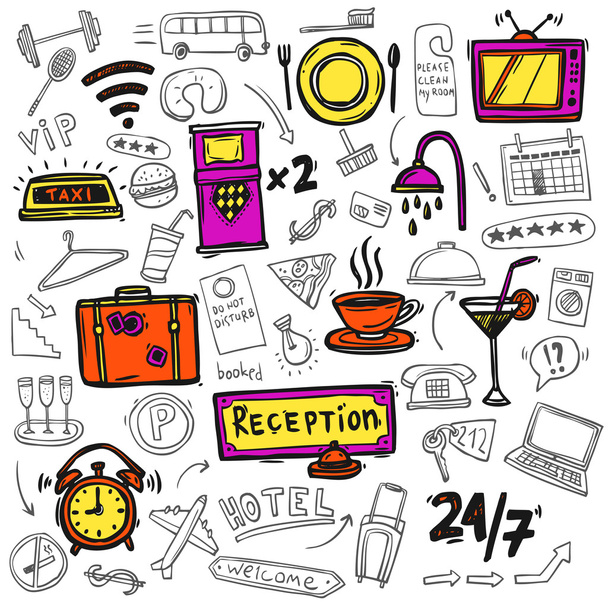 Hotel service pictogrammen doodle schets - Vector, afbeelding