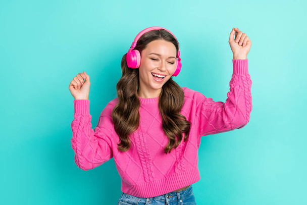 Portrait of positive crazy lady wear stylish clothes have fun rejoice enjoy buy new quality device isolated on cyan color background. - Foto, Imagen