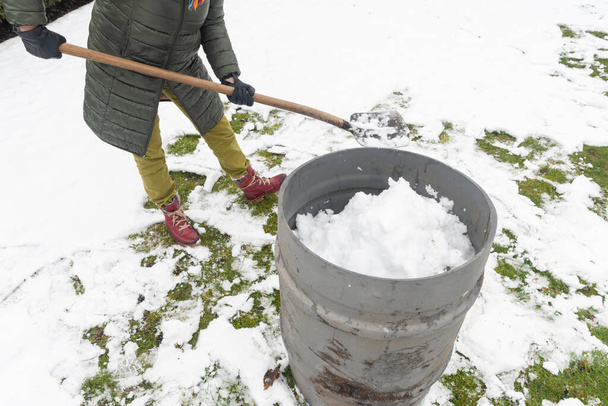 Женщина средних лет собирает снег в бочку лопатой. Для дальнейшего полива растений в теплице, концепция защиты окружающей среды и сохранения природных ресурсов - Фото, изображение