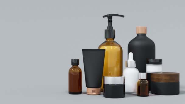Groep van verschillende zwart en goud glas en plastic cosmetische flessen en potten 3D render, veel beauty producten verpakking met kopieerruimte, trendy huidverzorging en behandeling achtergrond - Video